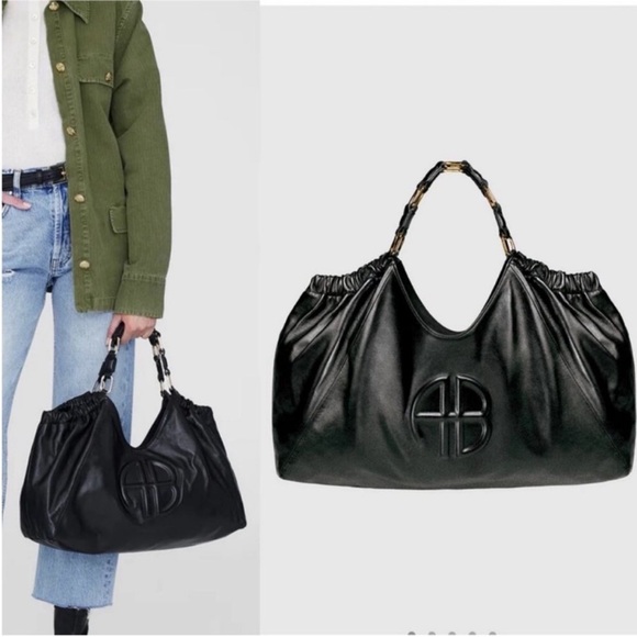 NEW NWT Anine Bing Kate Embossed Large Black Lamb Leather Hobo Shoulder Tote - Picture 2 of 6